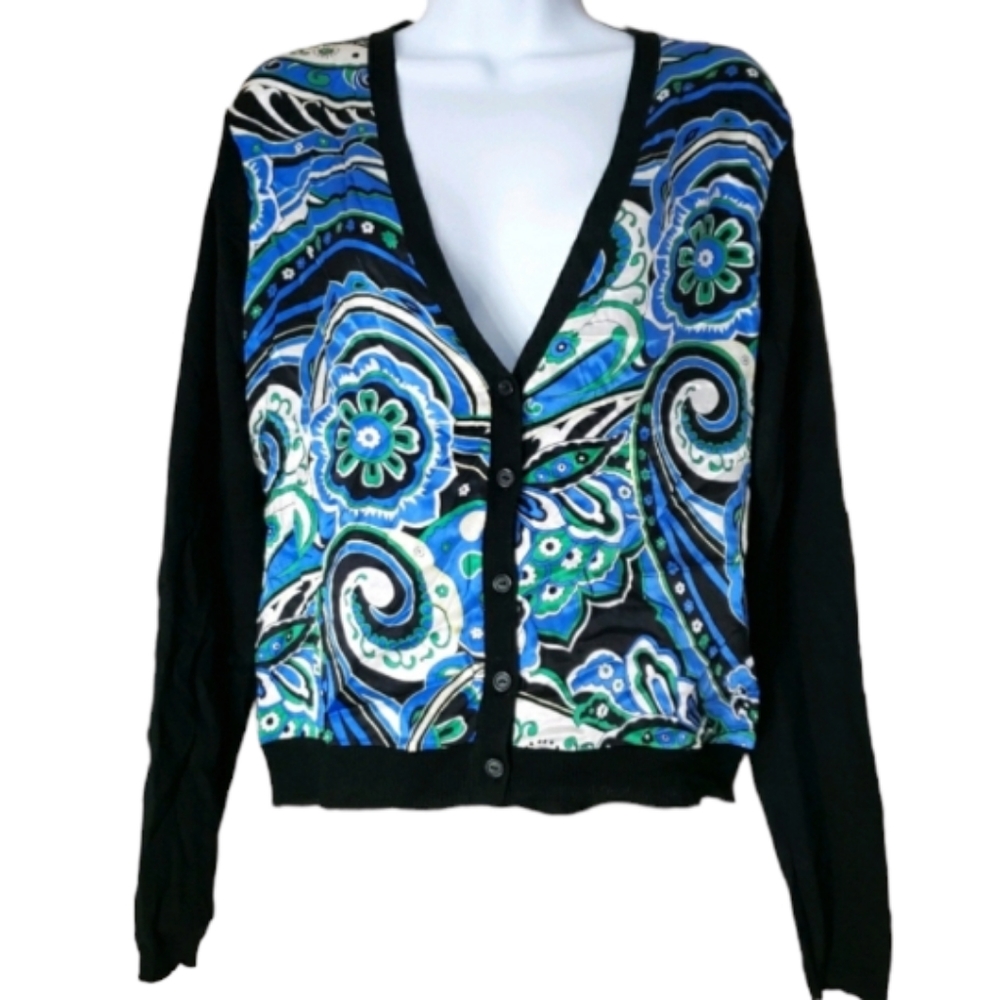 NWOT New York & CO black + blue silk floral cardigan Womens Small